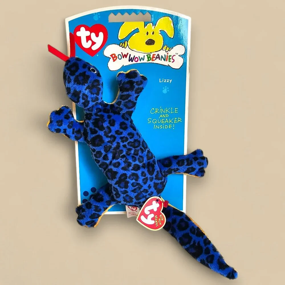 Ty Bow Wow Beanies Lizzy Lizard Dog Toy Crinkle Squeaker Blue Speckled NEW 2006